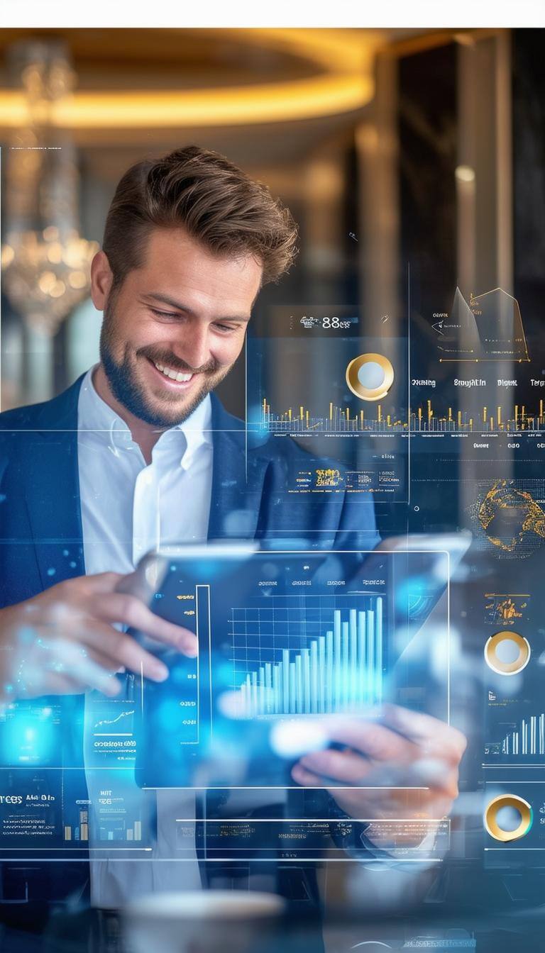 Create a professional and visually appealing image showcasing a luxury hotel environment with an overlay of analytics visuals Create a professional and visually appealing image showcasing a luxury hotel environment with an overlay of analytics visuals