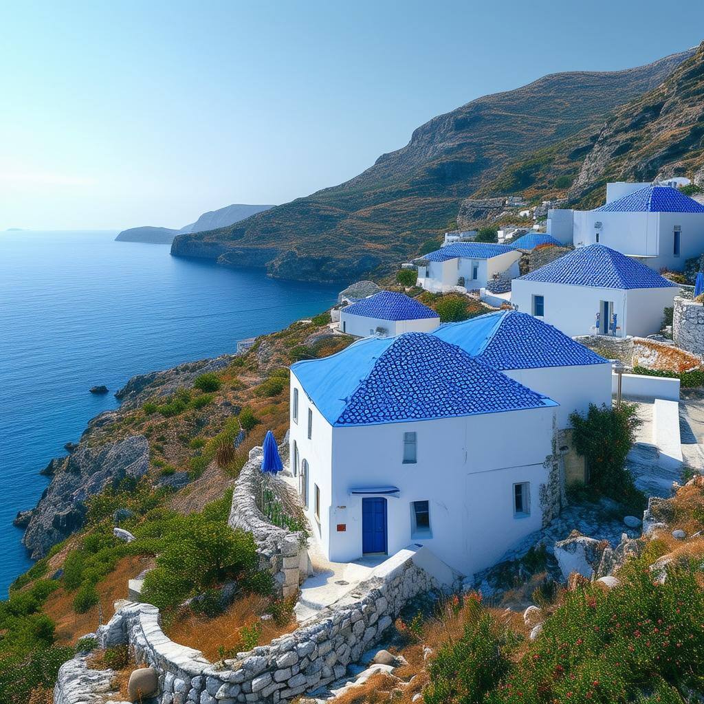 ultra realistic landscape of a Greek village with houses having blue roofsoverseeing the sea